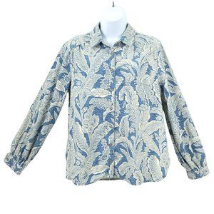 Anthropologie Pilcro Button Front Shirt Womens S Blue Paisley Corduroy Cream